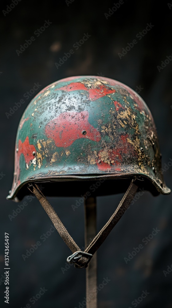Poster weathered military helmet with camouflage pattern against a dark background capturing history and re
