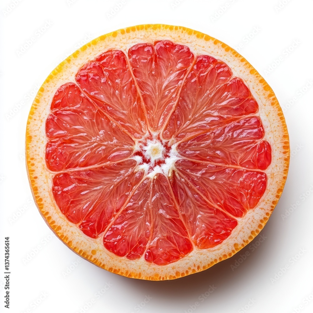 Poster vibrant grapefruit slice showcasing juicy texture and refreshing color against a clean white backgro