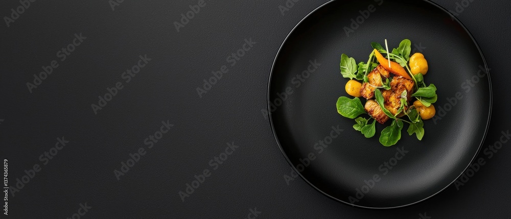 Poster top view of a black plate with a salad on it. the plate is round and has a smooth surface.