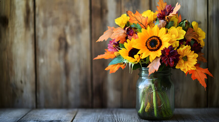 A cheerful autumn bouquet with sunflowers, dahlias, and vibrant maple leaves, arranged in a rustic mason jar, placed on a wooden surface.