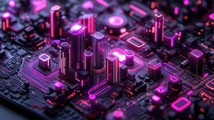 Obraz premium Futuristic Neon Cityscape on Circuit Board Representing Advanced Technology and Artificial Intelligence Concepts