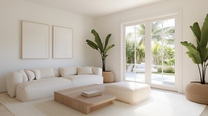 Elegant and modern living room with a clean and minimalist design, featuring a comfortable sofa, and large windows, plants creating a serene atmosphere