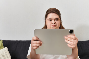 Young woman with Down syndrome engages in cozy leisure time at home enjoying her tablet