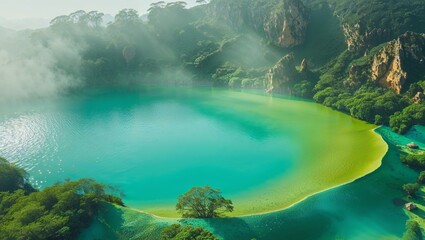 Aerial View of Turquoise Crater Lake and Lush Green Surroundings.
