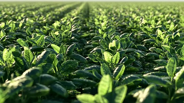 Lush green tobacco field stretching into the horizon under a clear blue sky, showcasing healthy crops