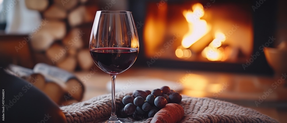 Aufkleber cozy evening scene with red wine glass grapes and warm fireplace creating a relaxing and inviting at
