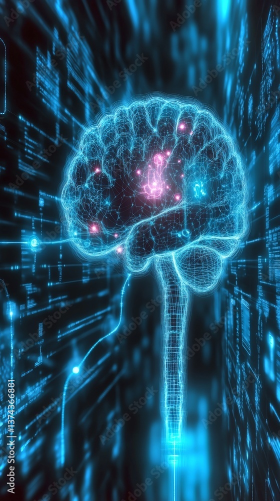 Poster visual representation of a neural connection to the global digital network in a futuristic context