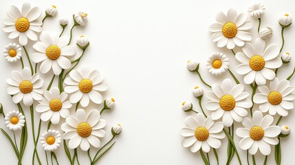 Fototapeta premium Symmetrical Arrangement of White and Yellow Daisies on White Background