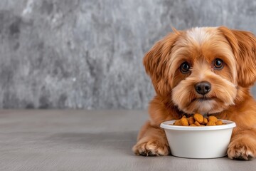 Dog sits on studio floor with empty bowl gazing at camera, expressing longing for food