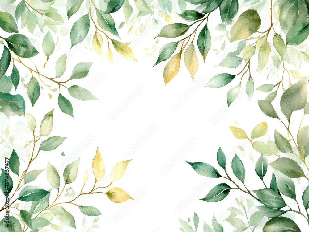 Poster elegant watercolor leaf frame with soft green hues and delicate branches creating a serene botanical