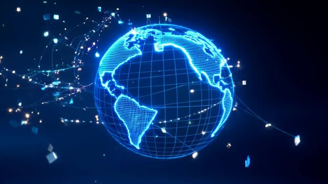 A rotating digital wireframe globe shows continents with glowing network lines and data particles. Use for global communication, internet concepts, or international business themes. 4k 60 fps.