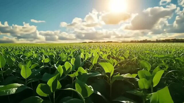 Lush green soybean field under a bright sun with fluffy clouds in a clear blue sky