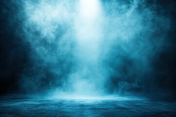 Ethereal turquoise smoke illuminated by a radiant spotlight creating a mesmerizing stage ambiance and dramatic atmosphere for creative projects