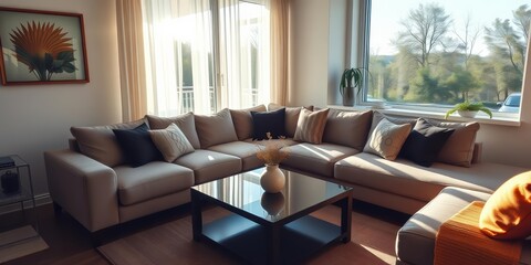 Sunlit living room, corner sofa, coffee table near window, landscape, sunshine
