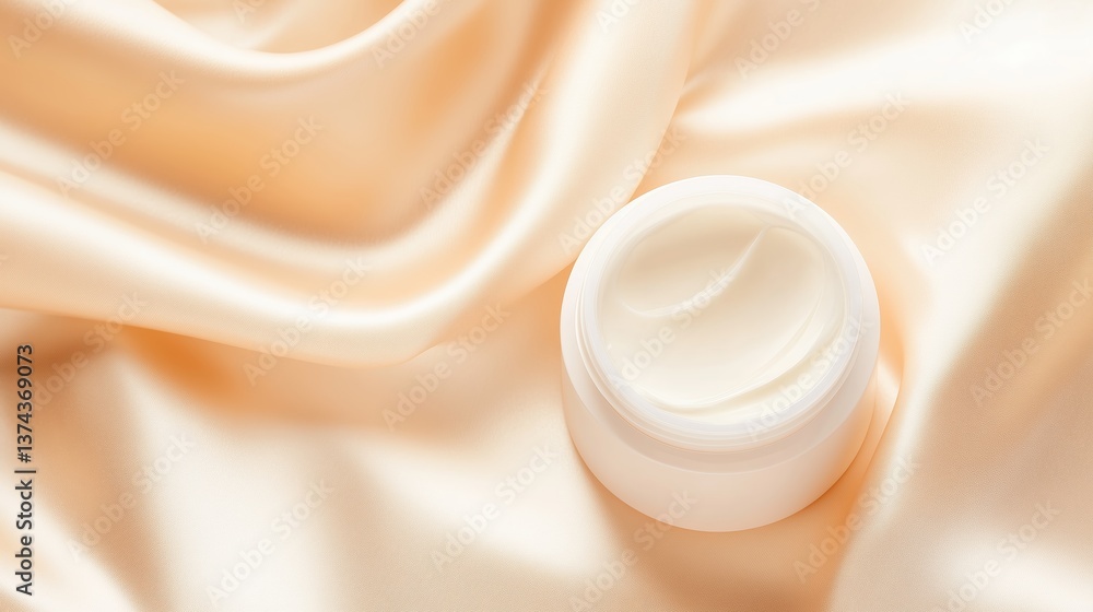 Poster luxurious cream jar resting on a smooth satin fabric in a softly lit setting