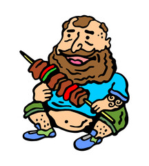 Vector color illustration of a fat man with a meat kebab in his hands on a white isolated background