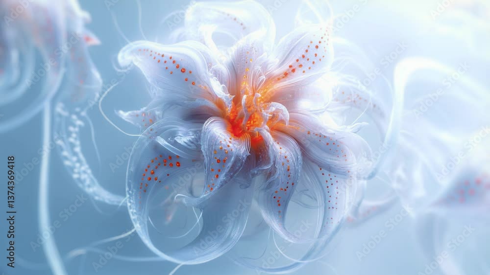 Poster abstract animation of a flower resembling a sea creature, with elegant white shapes and orange accen