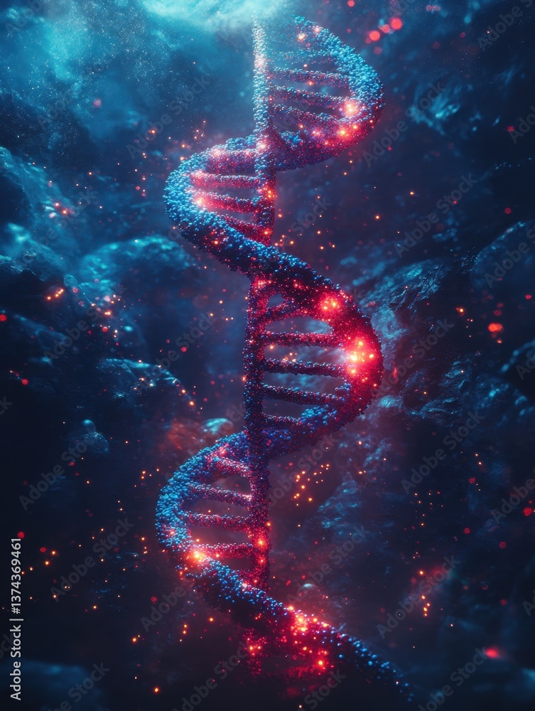 Poster abstract dna helix structure with glowing red and blue light on a dark cosmic background for science