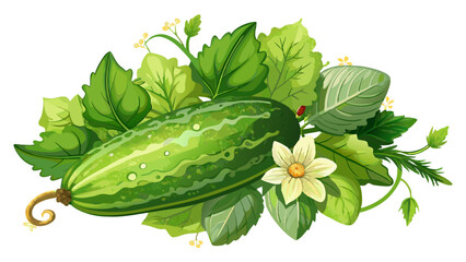 Fresh garden cucumber with leaves and flowers set. PNG isolated with transparent background. Flat lay, top view. Without shadow.