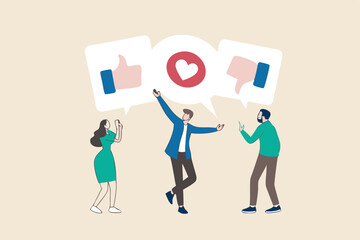 Social feedback, opinion or business advice, employee discussion, debate or customer comment, social media positive and negative feedback, people giving opinion with thumb up, thumb down feedback.