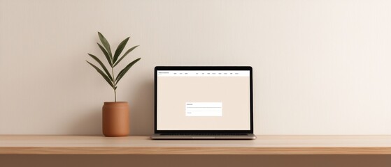 Laptop computer sitting on a wooden desk against a plain white wall. the laptop is open and the screen is blank, with a white background.