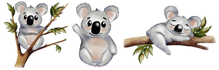 Fototapeta premium Playful koalas in watercolor style create a charming and whimsical textile design