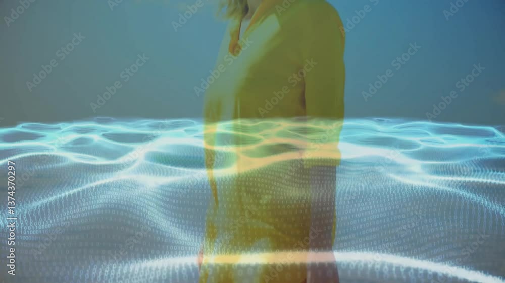 Poster person in yellow dress standing over digital wave animation with binary code