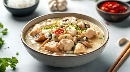 Delicious shiitake mushroom chicken soup in a bowl on gray table background