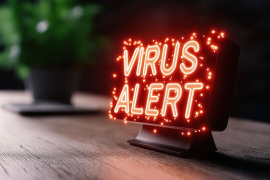 Warning message indicating virus detected on a computer representing an online security threat and potential danger