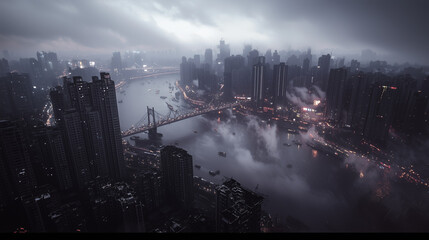 Obraz premium ネオンに染まる重慶の夜景 ― 近未来都市の静けさ