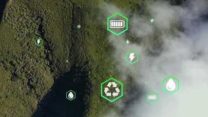 Sustainability and eco-friendly icons animation over aerial view of wheat field. environment, nature, agriculture, green, renewable, technology 4K. - Powered by Adobe