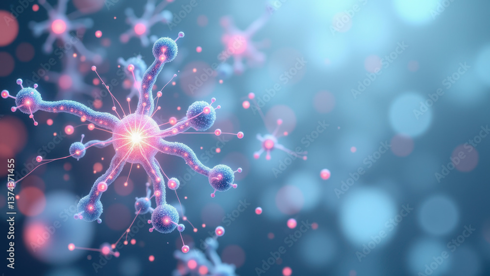 Poster this is a microscopic digital rendering illustrating the interaction between neurotransmitters and n
