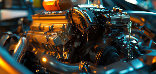 Fototapeta premium detailed view of car engine showcasing intricate components and oil flow, highlighting mechanical expertise involved in automotive repair. image evokes sense of precision and craftsmanship