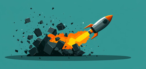 Fototapeta premium vibrant rocket launches into sky, leaving trail of orange flames and debris behind. dynamic scene captures essence of innovation and progress, symbolizing breakthrough moment