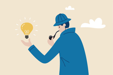 Finding idea, solution or search for new opportunity, discover new invention idea, creativity, innovation or curiosity concept, detective man hold bright lightbulb idea think to solve problem.