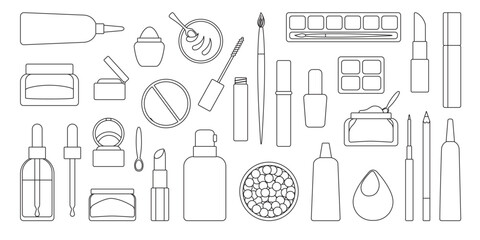 Cosmetics. Illustration with lines. A set of cosmetics for makeup and skin care. Eye shadow, mascara, foundation, lipstick, blush, eyeliner, kayal, nail polish, lip gloss, cream, serum, brush, sponge