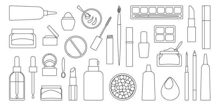 Cosmetics. Illustration with lines. A set of cosmetics for makeup and skin care. Eye shadow, mascara, foundation, lipstick, blush, eyeliner, kayal, nail polish, lip gloss, cream, serum, brush, sponge