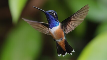 Fototapeta premium Vibrant hummingbird in flight displaying iridescent blue plumage against a lush green tropical background nature photography