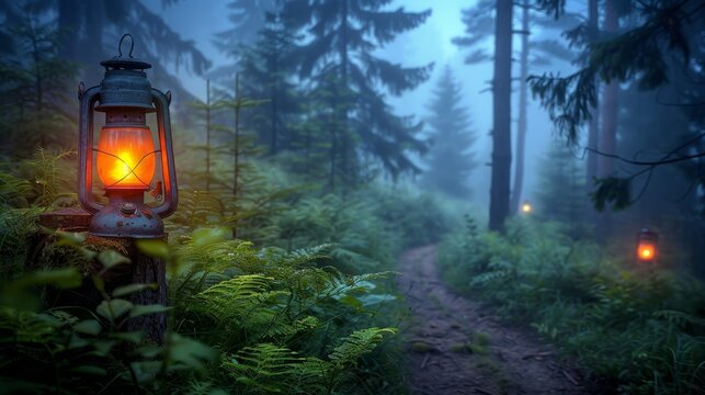 A vintage kerosene lamp illuminates a secluded forest path, evoking solitude and mystery
