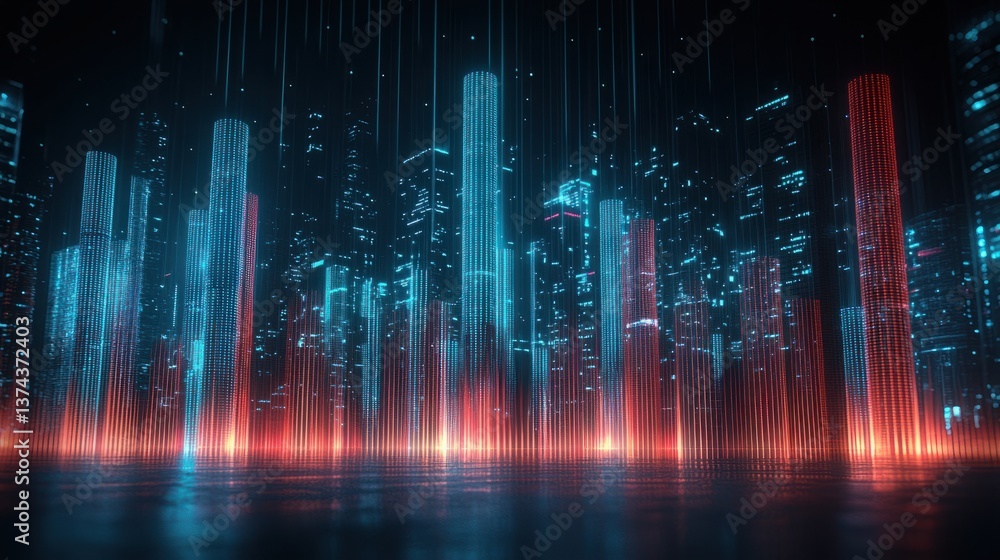 Poster futuristic cityscape at night with abstract light beams representing computation and ai technology