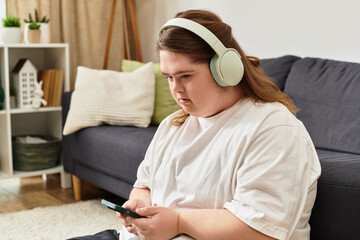 Young woman with Down syndrome enjoying music at home in a cozy and casual setting