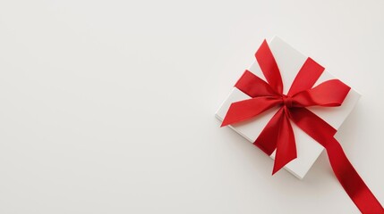 Flat lay of a small white gift box with a red ribbon tied in a bow on top. the ribbon is tied in the shape of a star and is tied with a thin red ribbon.