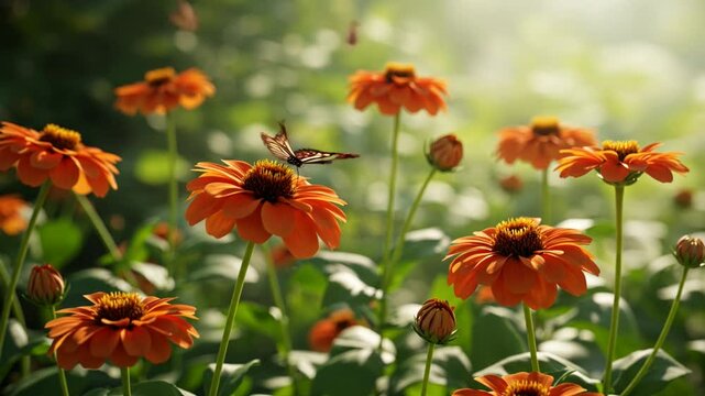 Butterflies serene fluttering among vibrant orange flowers against a sunlit green meadow