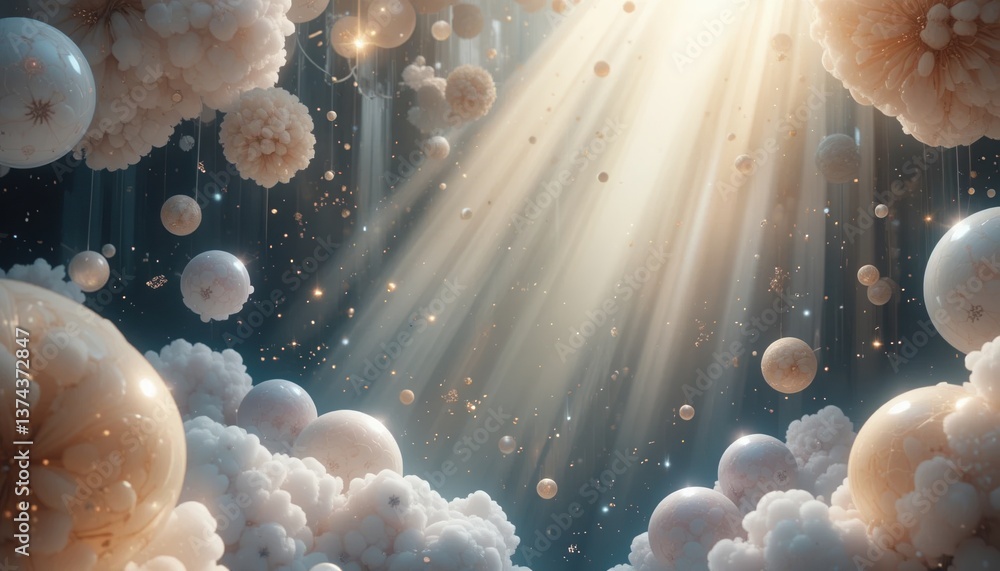 Poster ethereal light beams illuminating floating clouds serene atmosphere digital art abstract environment