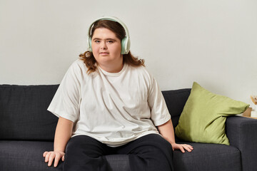 Confident young woman with Down syndrome enjoys a cozy moment at home wearing comfy attire