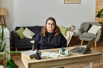 Young woman with Down syndrome embraces her cozy home workspace with confidence and calm