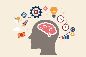 Genius or expert to develop or learning new skills, brainstorming, knowledge or wisdom, competence or intelligence to improve capability concept, human brain with success business management elements.