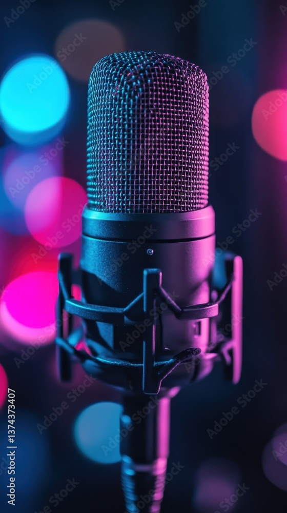 Aufkleber studio microphone on stand with vibrant bokeh lights creating a moody atmosphere for recording and b