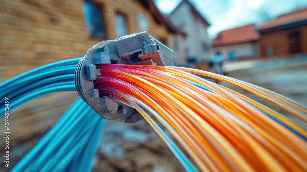 Poster fiber optic cable connection point with vibrant data streams and urban background for network techno