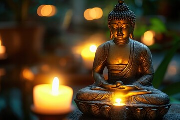Fototapeta premium Serene Buddha statue illuminated by soft candlelight in a tranquil setting, symbolizing peace and mindfulness, meditation and spirituality concept